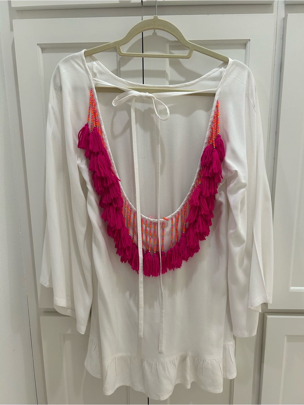 Sundress White Boho Swim Coverup with Hot Pink Tassels